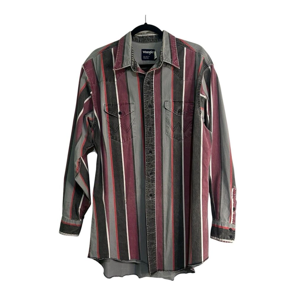 VTG 90s Striped Wrangler Brushpopper Western Shirt Pink Gray 18x36 Tall X-Long